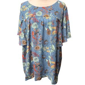 Susan Graver‎ Pure Boho Floral Flutter Sleeve Top XL Blue Excellent Botanical